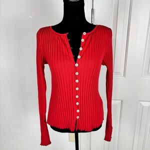 Free People Red Ribbed Button-Up Cardigan